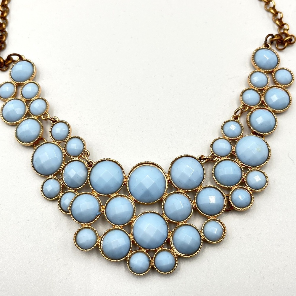 Vintage Retro Sky Blue Cabochon Bib Statement Necklace Gold Tone Geo Bubbles - Picture 5 of 13